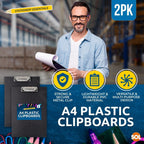 A4 Clipboard Black PVC Holder with Pen Clip | 2 Pack