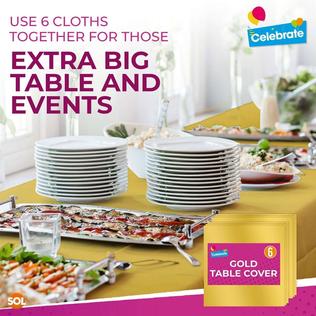Gold Plastic Table Covers Square | Disposable Wipe Clean | 6 Pack