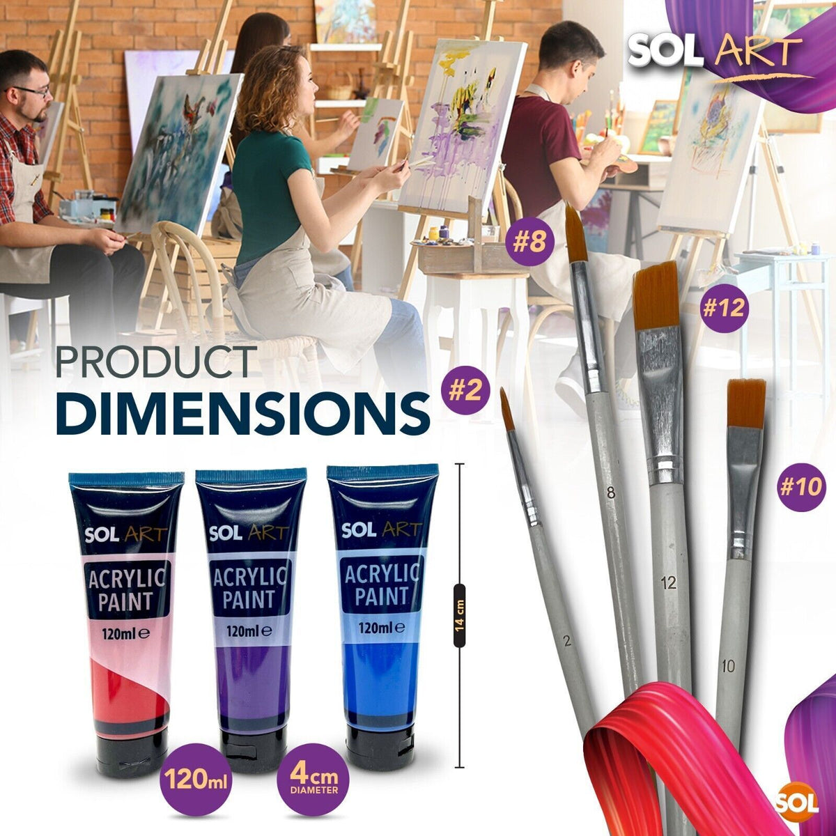 Acrylic Paint Tubes 120ml + Brushes | Assorted Colours | 16 Pack