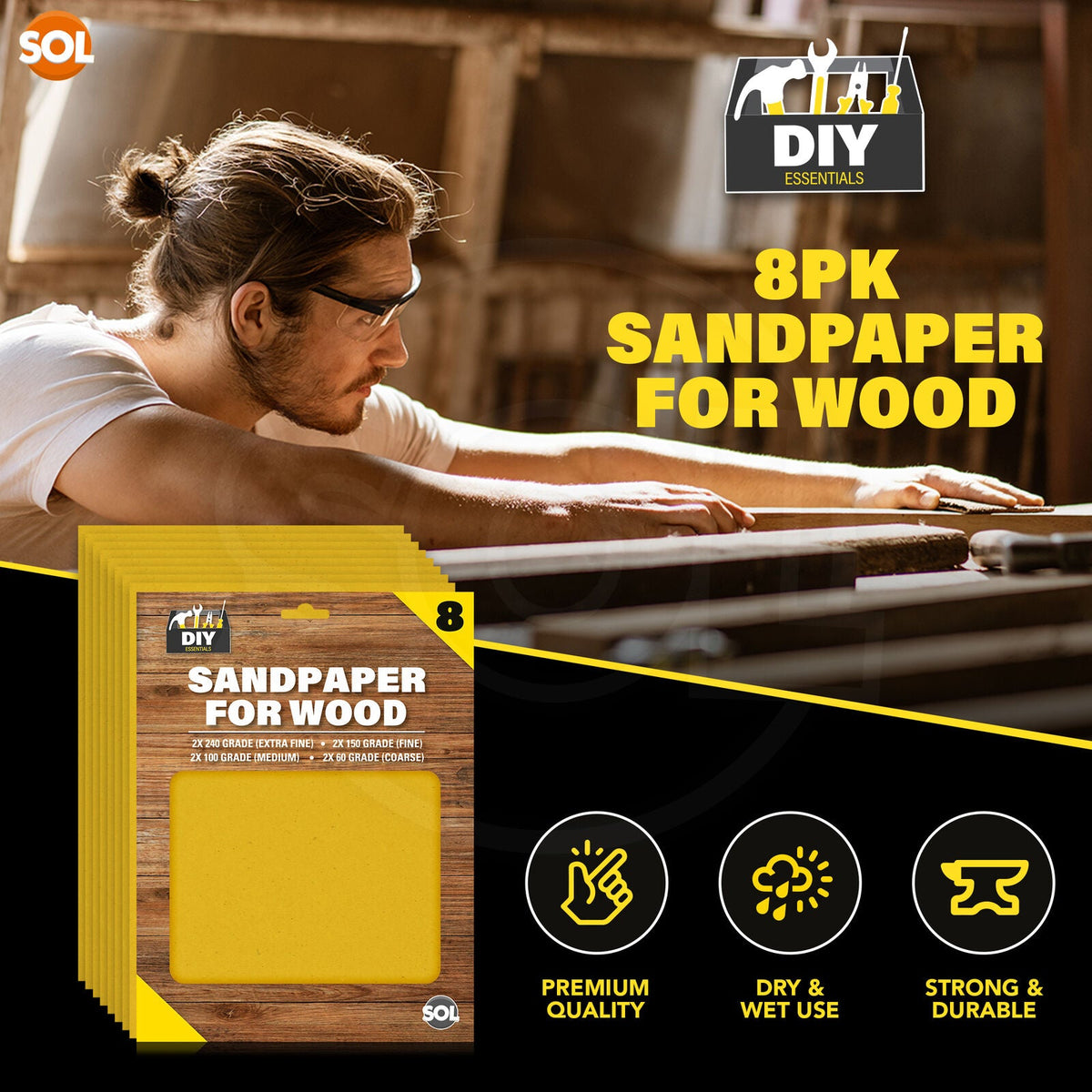 Assorted Sandpaper Sheets | Mixed Grit 60-240 | 8 Pack