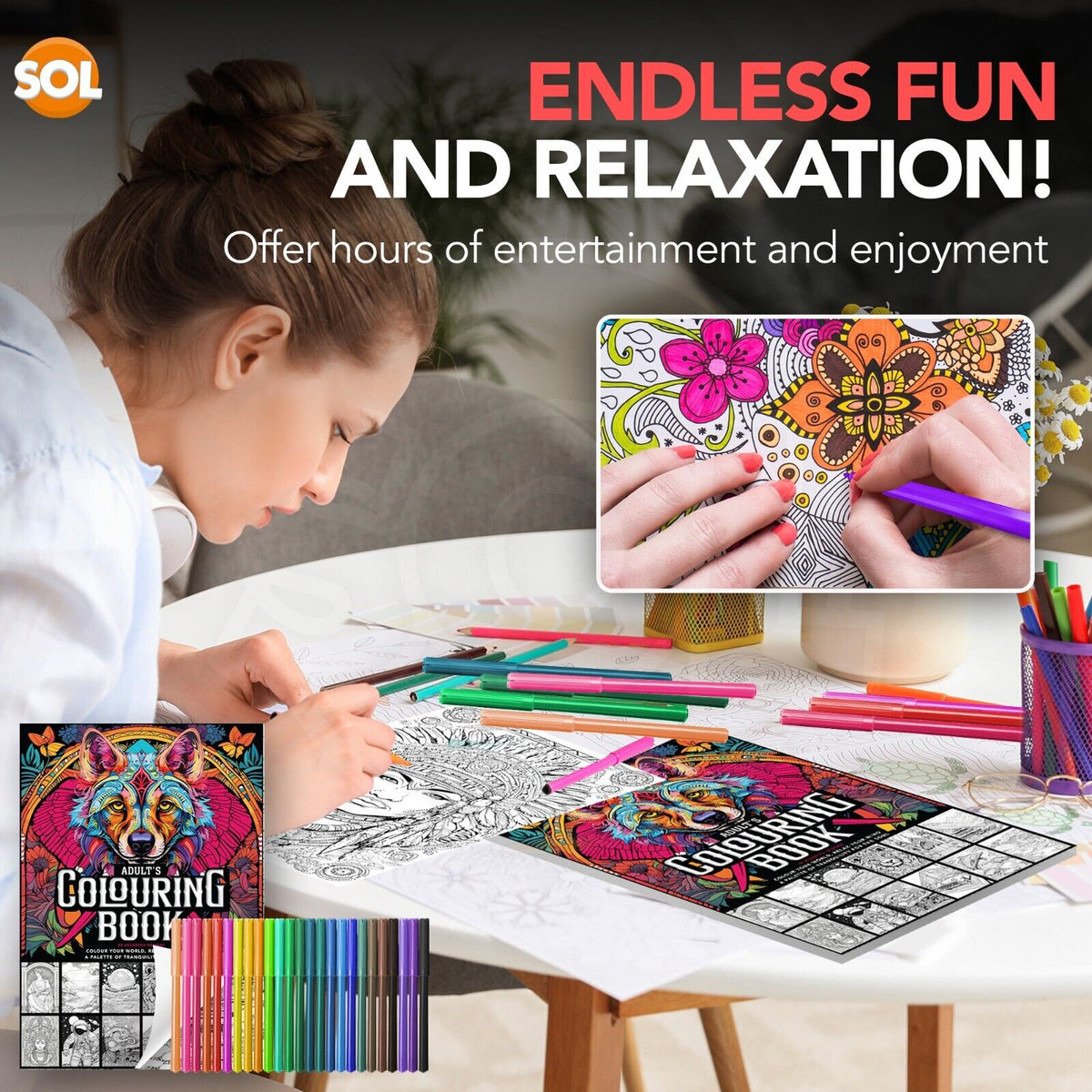 Adult Colouring Book A4 80 Pages + Felt Tip Pens 25 Set
