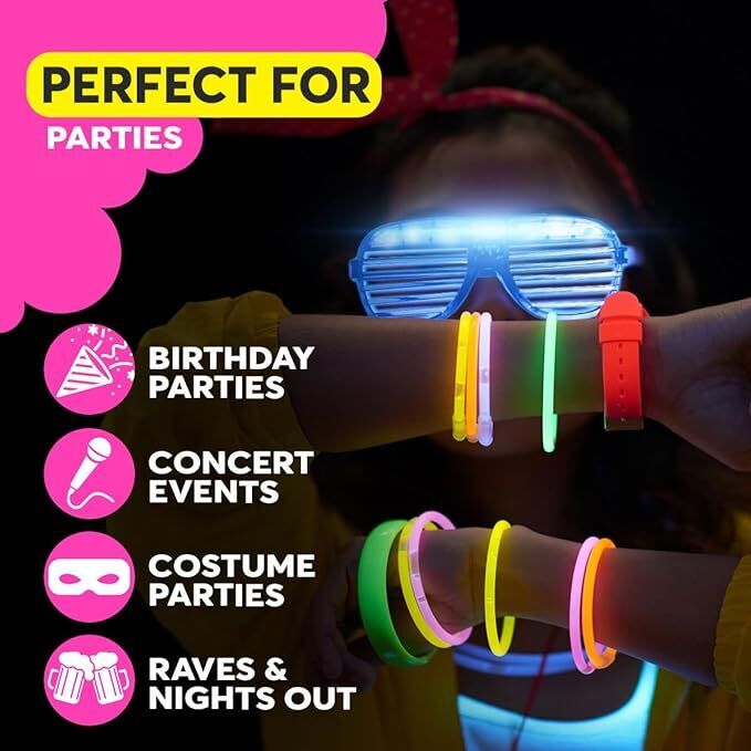 Jaunty 144pk Party Glasses for Adults Flashing Neon Rave Accessories - Light Up Glasses for Adults - Multicolour LED Glow for Kids Birthdays, Festivals, Dance Events, Fancy Disco Celebration Parties