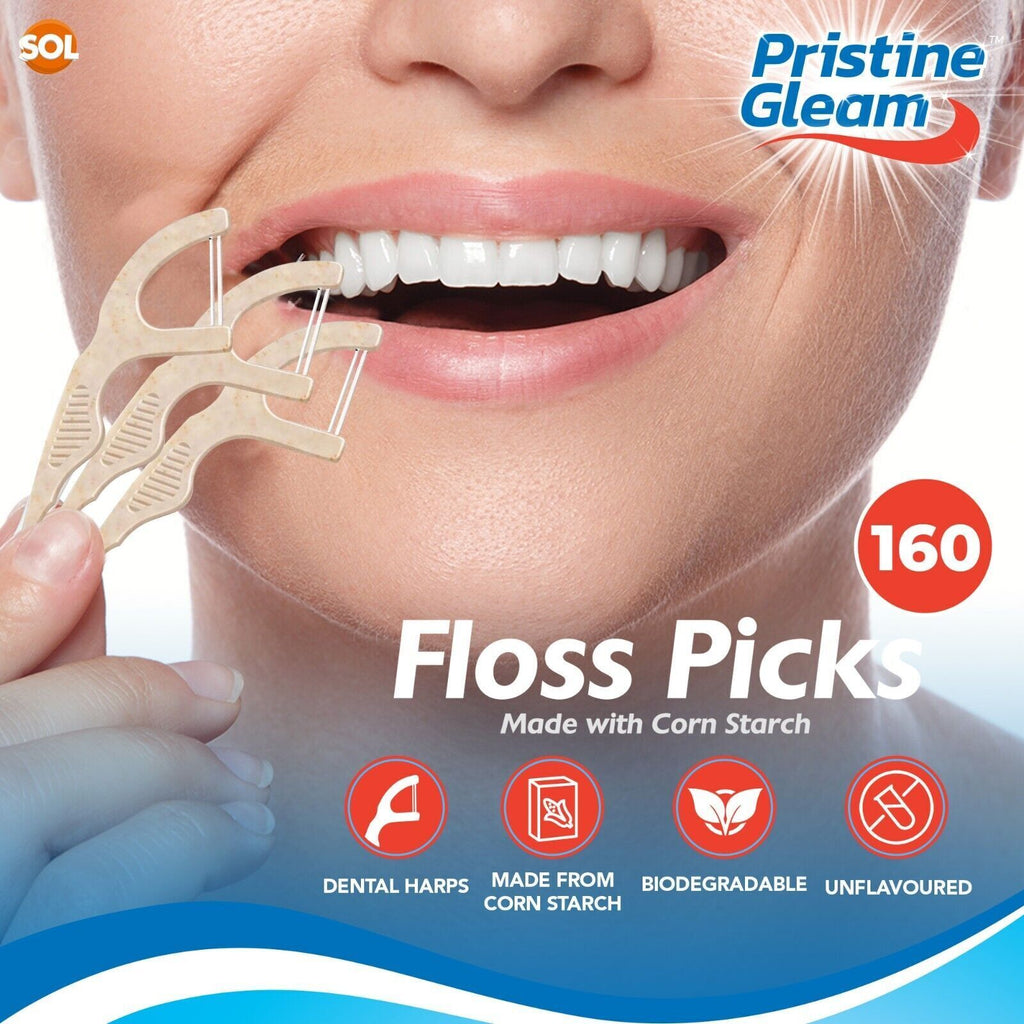 SOL 160pk Corn Starch Floss Picks - Dental Floss Sticks for Teeth, Prevents Tartar, Plaque, and Cavities, Cornstarch Toothpicks, Harps, & Flossers for Daily Oral Hygiene, Tooth Cleaning & Healthy Gums
