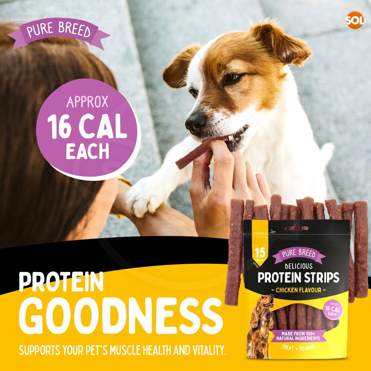 Pure Breed 600g Protein Chicken Strips Dog Treats For Medium Dogs in 4x Resealable 150g Bags, Healthy Low Calorie Natural Treat Made with Real Chicken Chews Training Rewards For Small - Large Pup