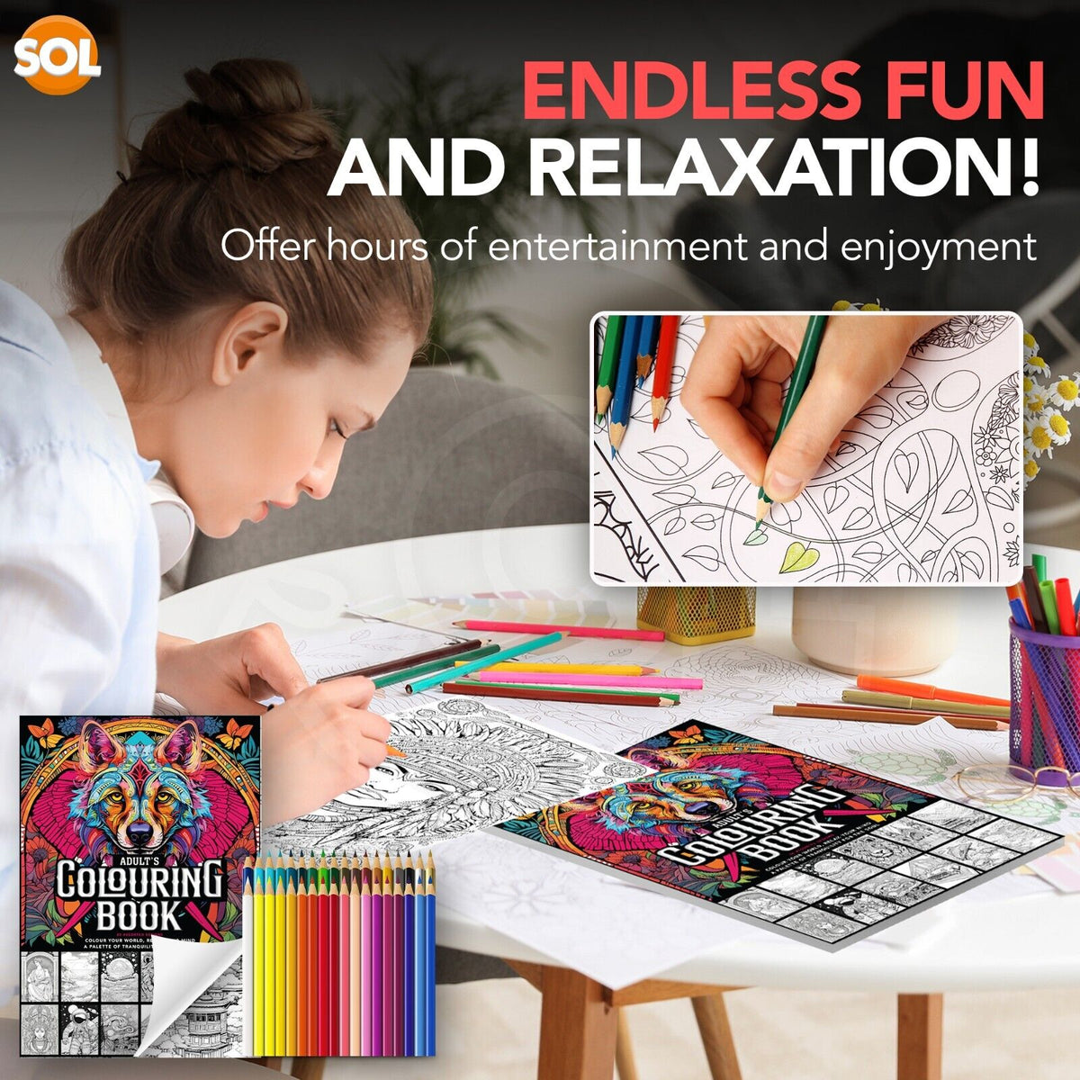Adult Colouring Book A4 80 Pages + Premium Colouring Pencils 36 Set