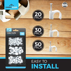 SOL 100pk Cable Clips 6mm,9mm, 12mm Wire Holders for Cables Cord Organisers Wall Mount Fixings Plastic Fasteners for Home Office Desk Television Computer Wiring Management Tidy Installation DIY Use