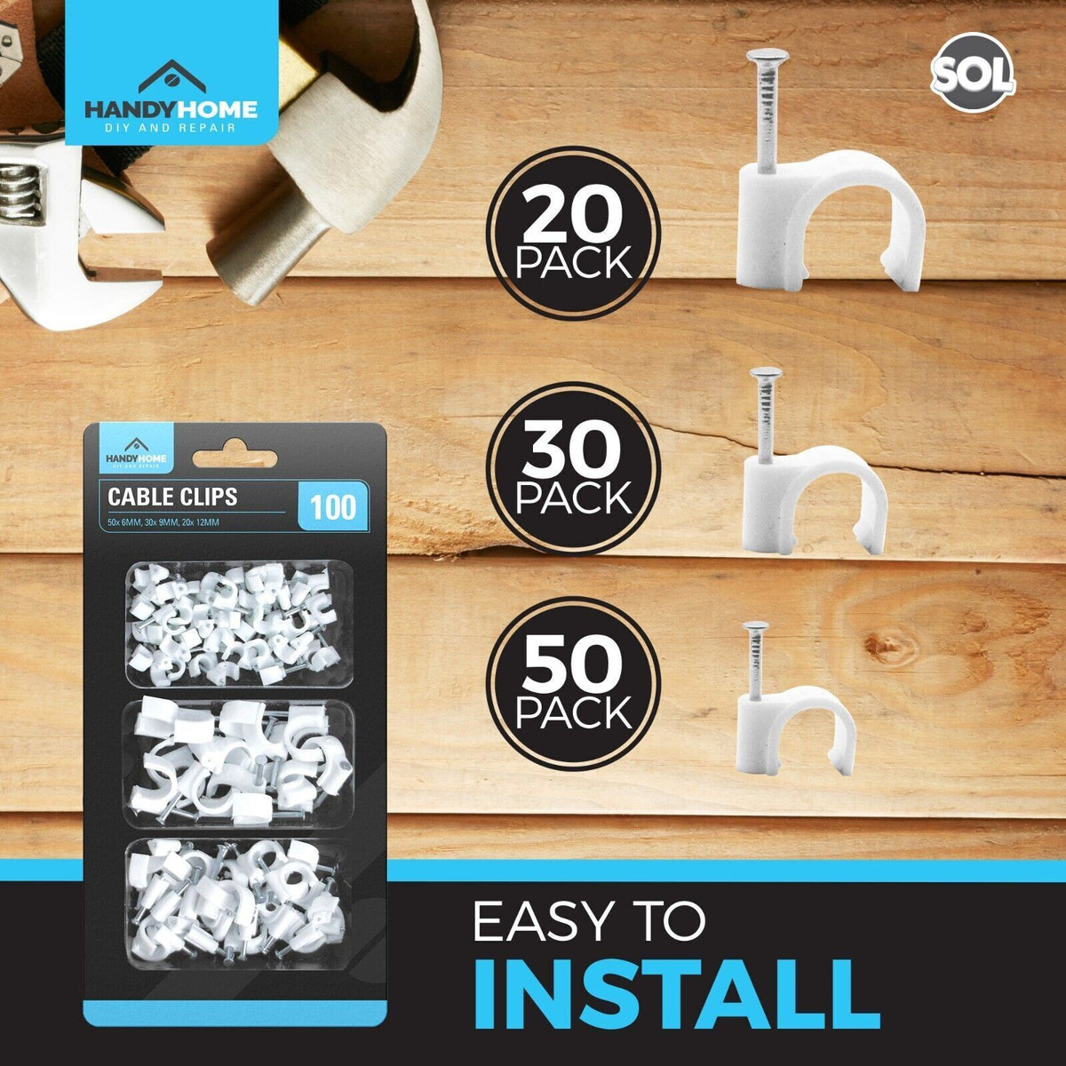 SOL 100pk Cable Clips 6mm,9mm, 12mm Wire Holders for Cables Cord Organisers Wall Mount Fixings Plastic Fasteners for Home Office Desk Television Computer Wiring Management Tidy Installation DIY Use
