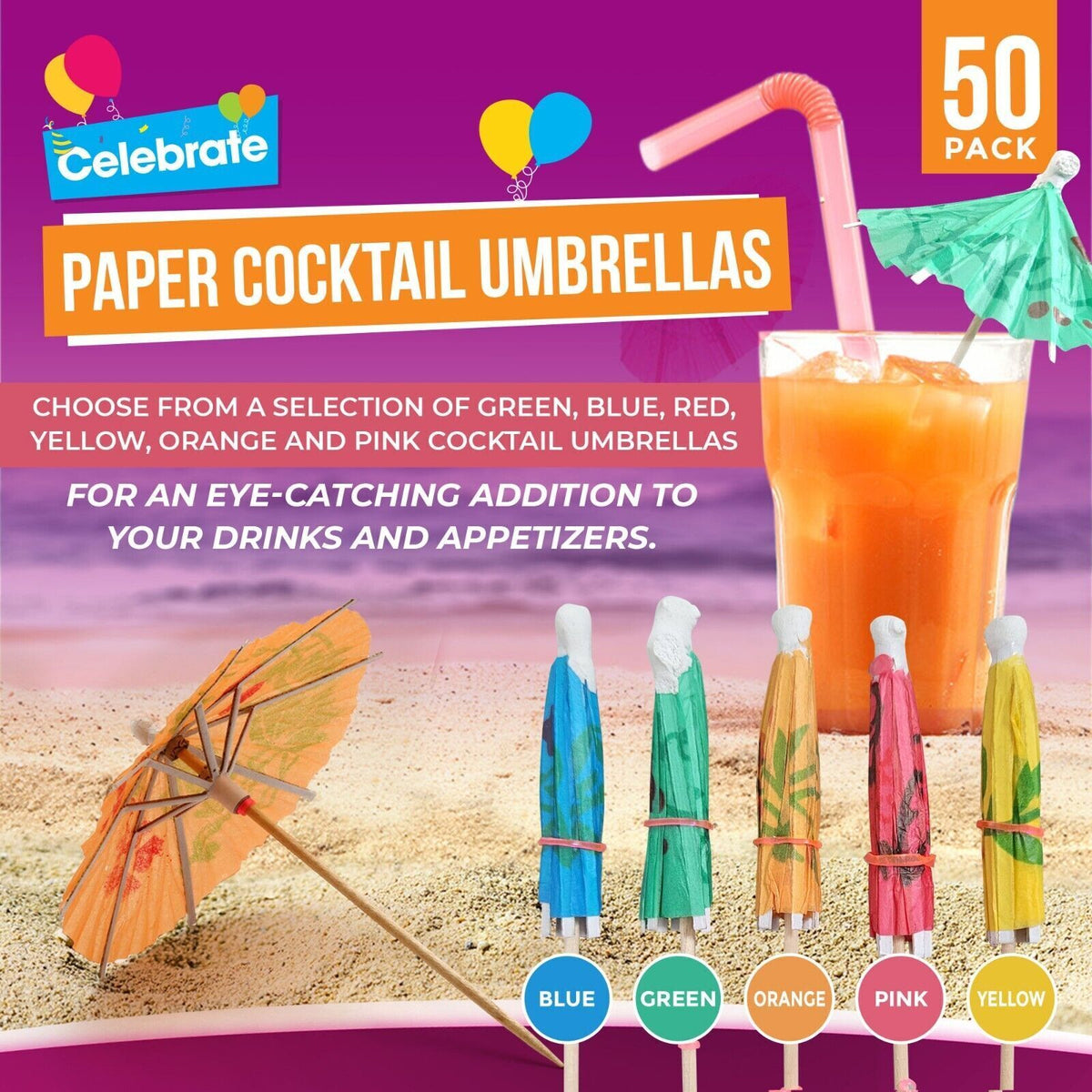 Paper Cocktail Umbrellas Birthday Party Drink Decorations | 50 Pack