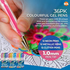 Gel Pens Set | Neon, Glitter & Metallic Colours for Writing and Colouring | 36 Pack