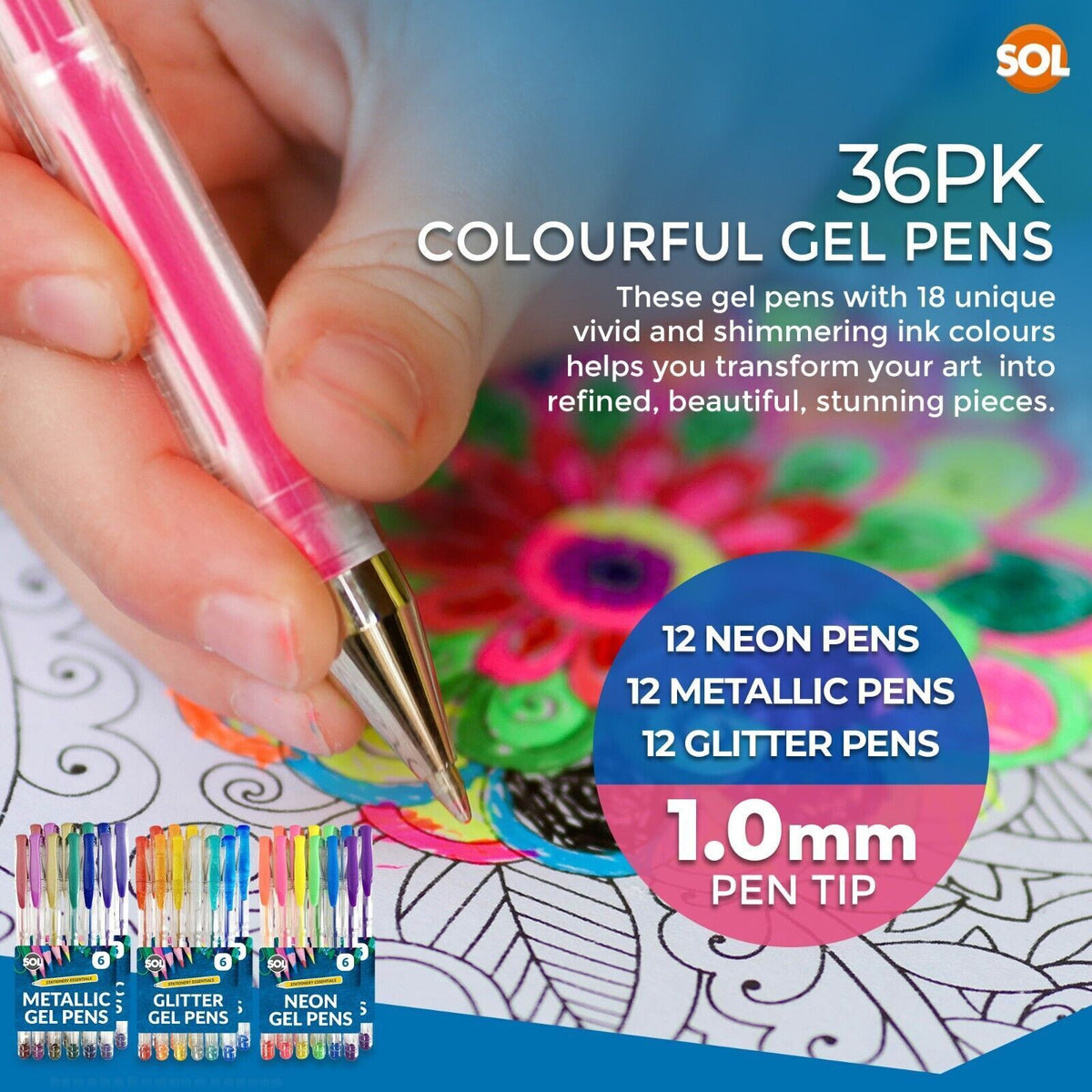 Gel Pens Set | Neon, Glitter & Metallic Colours for Writing and Colouring | 36 Pack