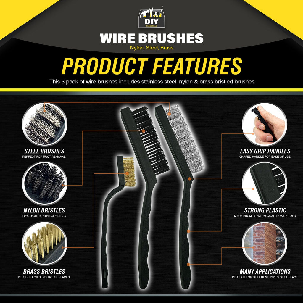 Wire Brush Set | Steel Brass Nylon Cleaning | 3 Pack