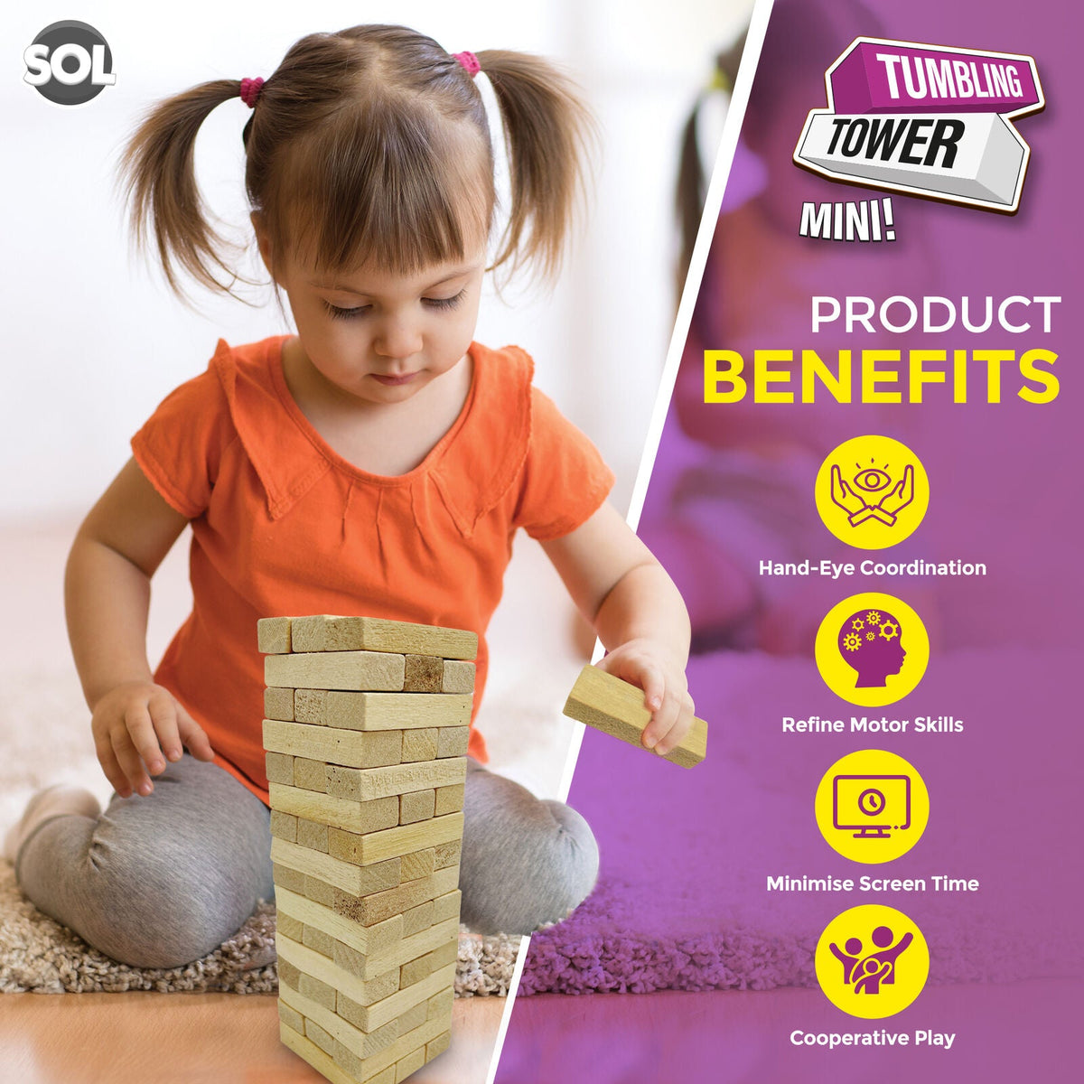 Wooden Tumbling Tower Game Traditional Stacking Travel Size