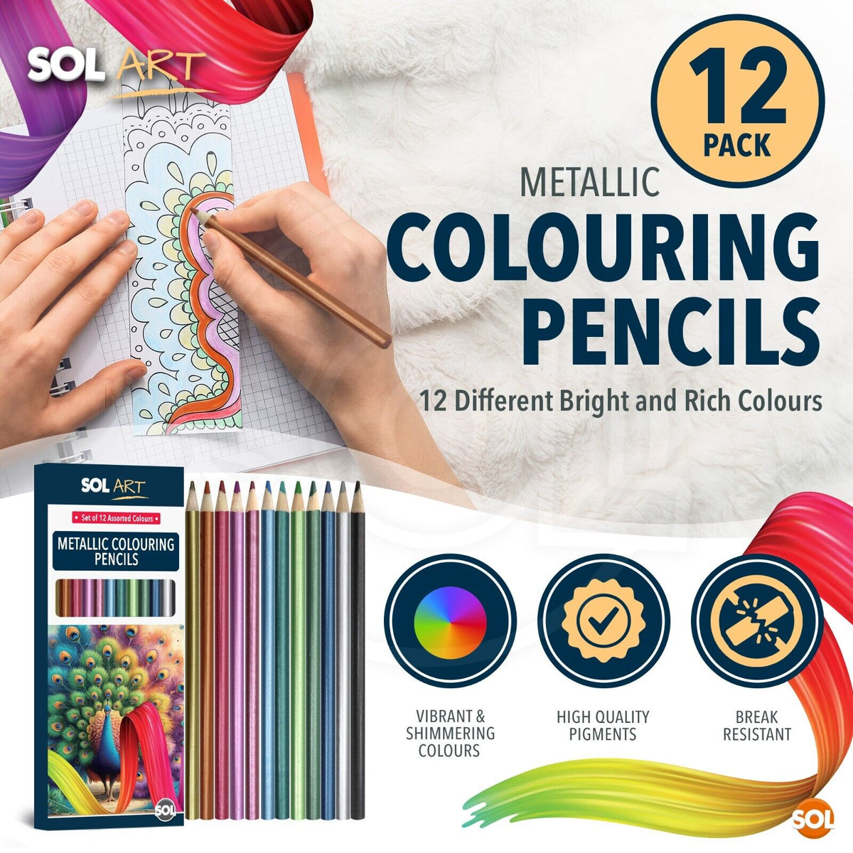Metallic Colouring Pencils Shimmer Art & Craft | 12 Pack