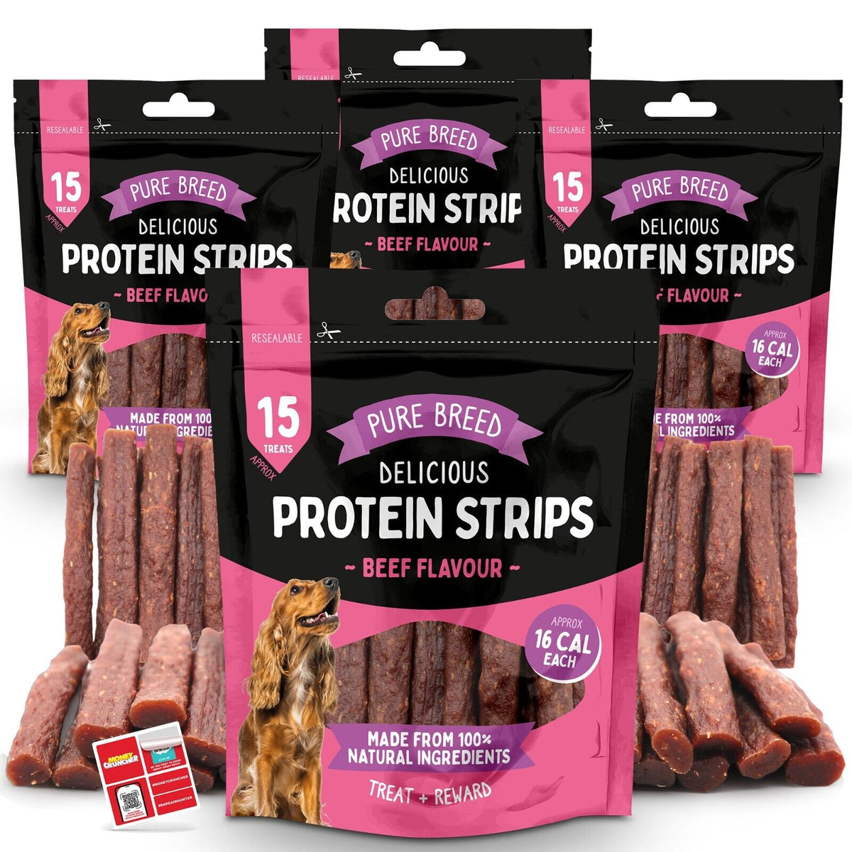 Pure Breed 600g Protein Chicken Strips Dog Treats For Medium Dogs in 4x Resealable 150g Bags, Healthy Low Calorie Natural Treat Made with Real Chicken Chews Training Rewards For Small - Large Pup