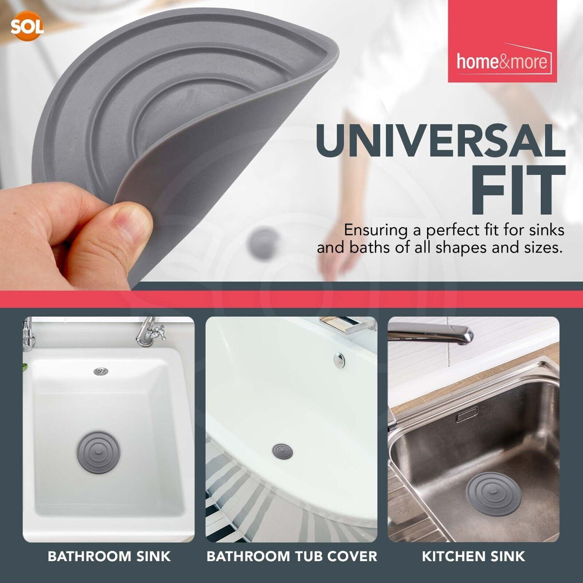 SOL 2pk Grey Universal Silicone Sink, Shower and Bath Plugs, 11cm Replacement UK Bathtub Stoppers, Watertight Seal, Easy to Use, Handles Hot and Cold Water, Ideal for Drains in Kitchen and Bathroom