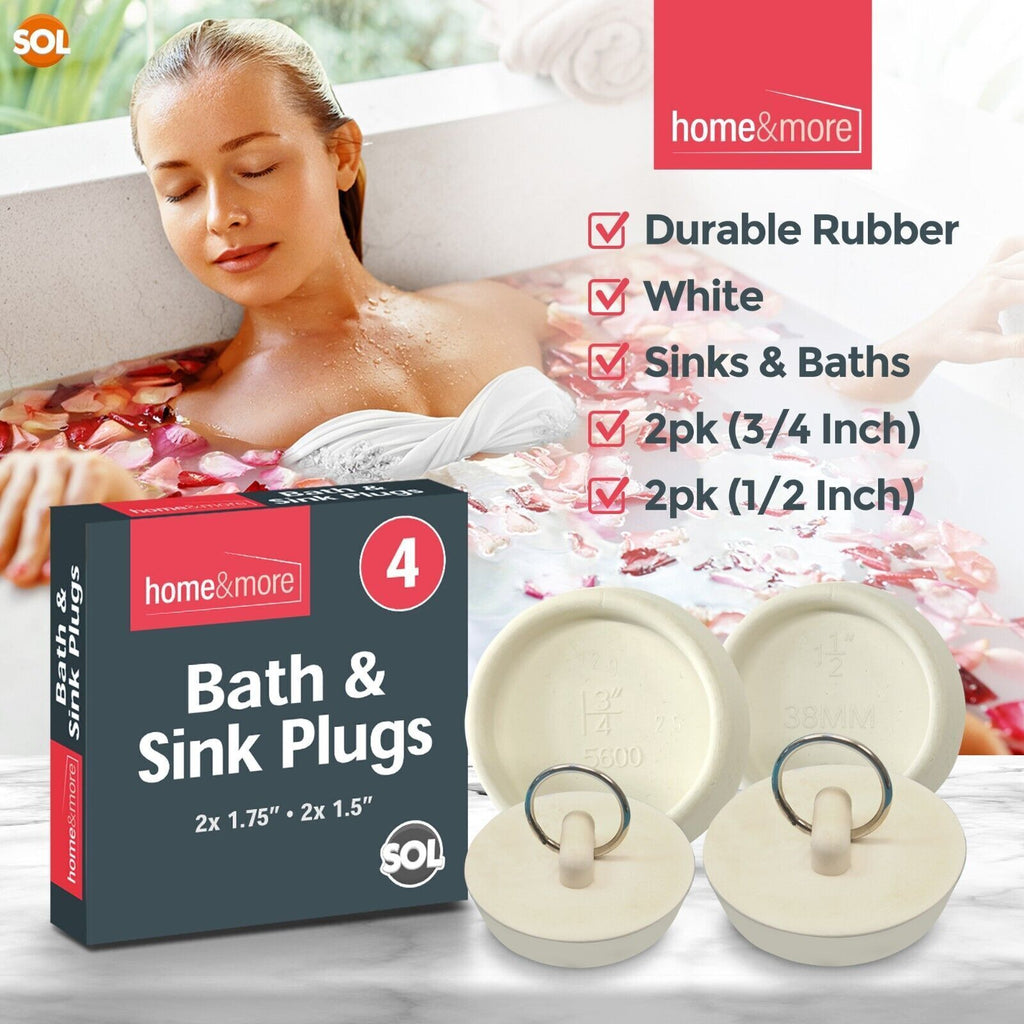 SOL 4pk Kitchen Sink Plugs, 3/4 Inch and 1/2 Inch White Universal Bath Plug UK Stopper for Kitchen Basin and Bathroom Bathtub, Durable Rubber, Leak-Proof, Preventing Leaks and Ensuring a Tight Seal