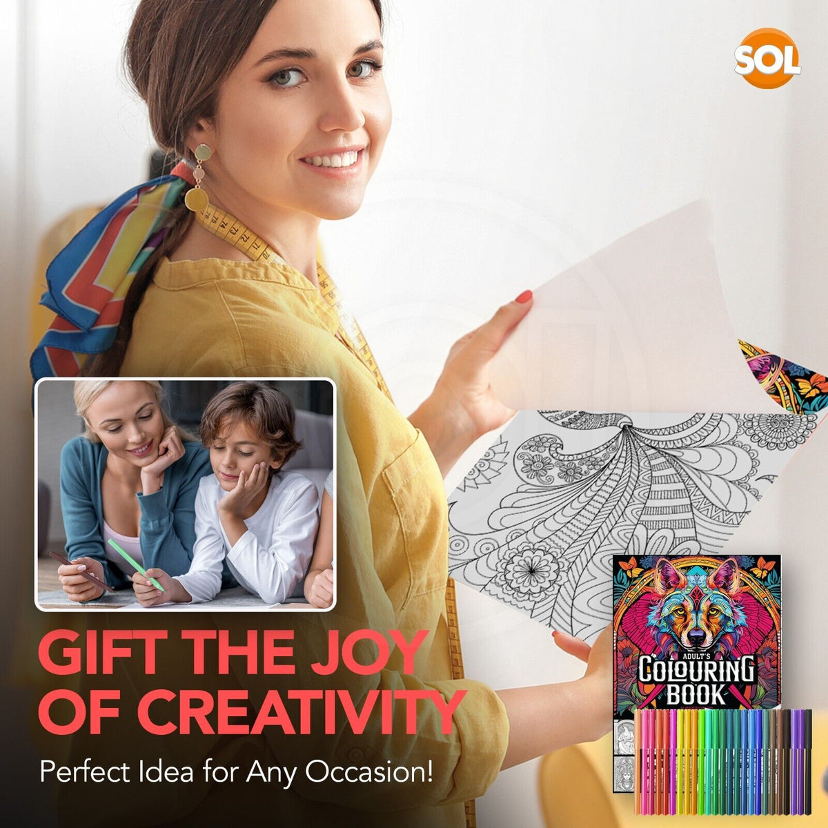 Adult Colouring Book A4 80 Pages + Felt Tip Pens 25 Set