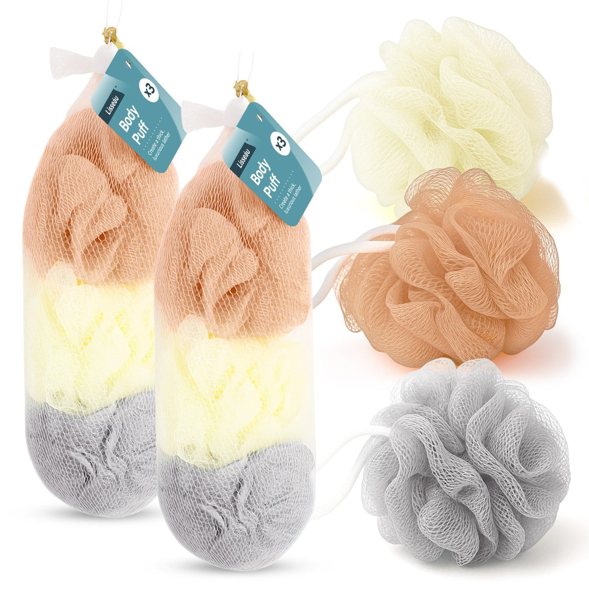 Exfoliating Body Puff Shower Sponge | Mesh Scrub Loofah | 6 Pack