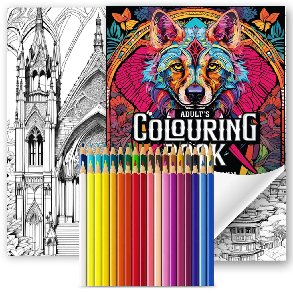 Adult Colouring Book A4 80 Pages + Premium Colouring Pencils 36 Set