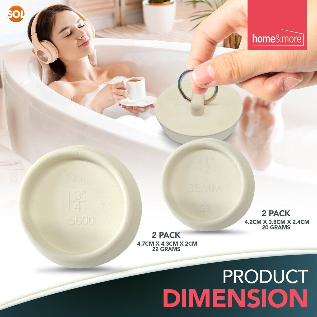 SOL 4pk Kitchen Sink Plugs, 3/4 Inch and 1/2 Inch White Universal Bath Plug UK Stopper for Kitchen Basin and Bathroom Bathtub, Durable Rubber, Leak-Proof, Preventing Leaks and Ensuring a Tight Seal
