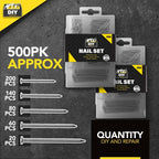 Flat Head Nails | Assorted Metal Carpentry Woodworking Pins | 500 Pack