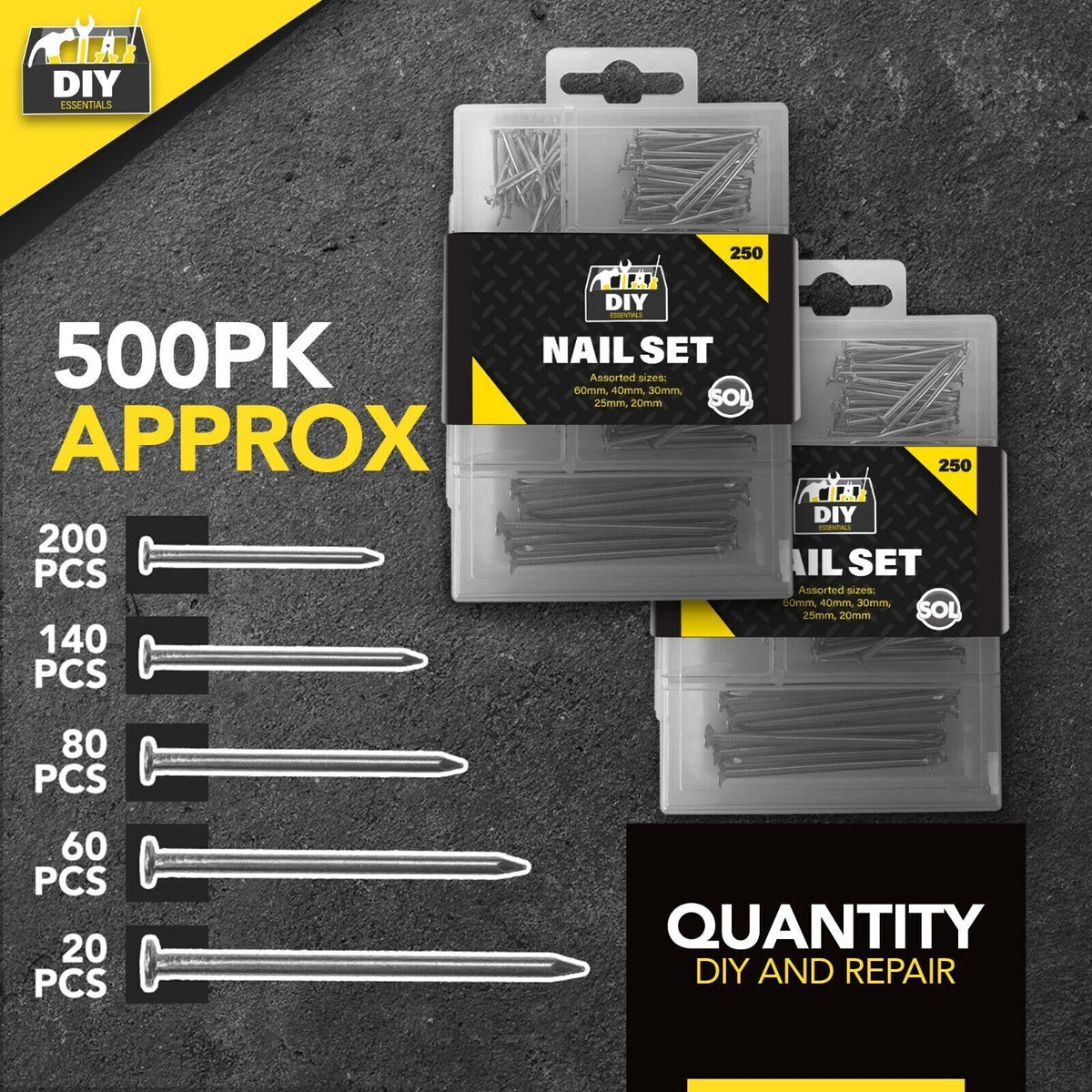 Flat Head Nails | Assorted Metal Carpentry Woodworking Pins | 500 Pack