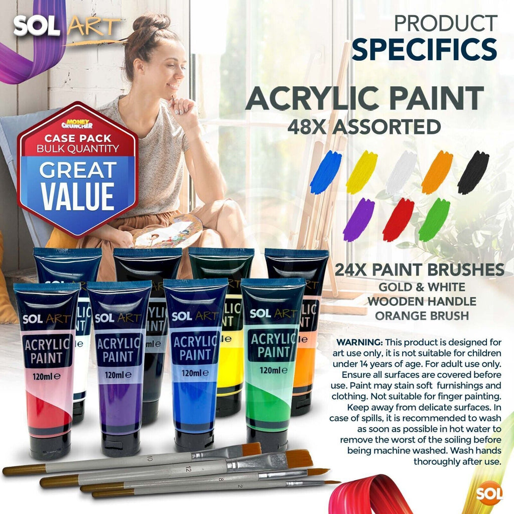 Acrylic Paint Tubes 120ml + Brushes | Assorted Colours | 16 Pack