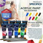 Acrylic Paint Tubes 120ml + Brushes | Assorted Colours | 16 Pack