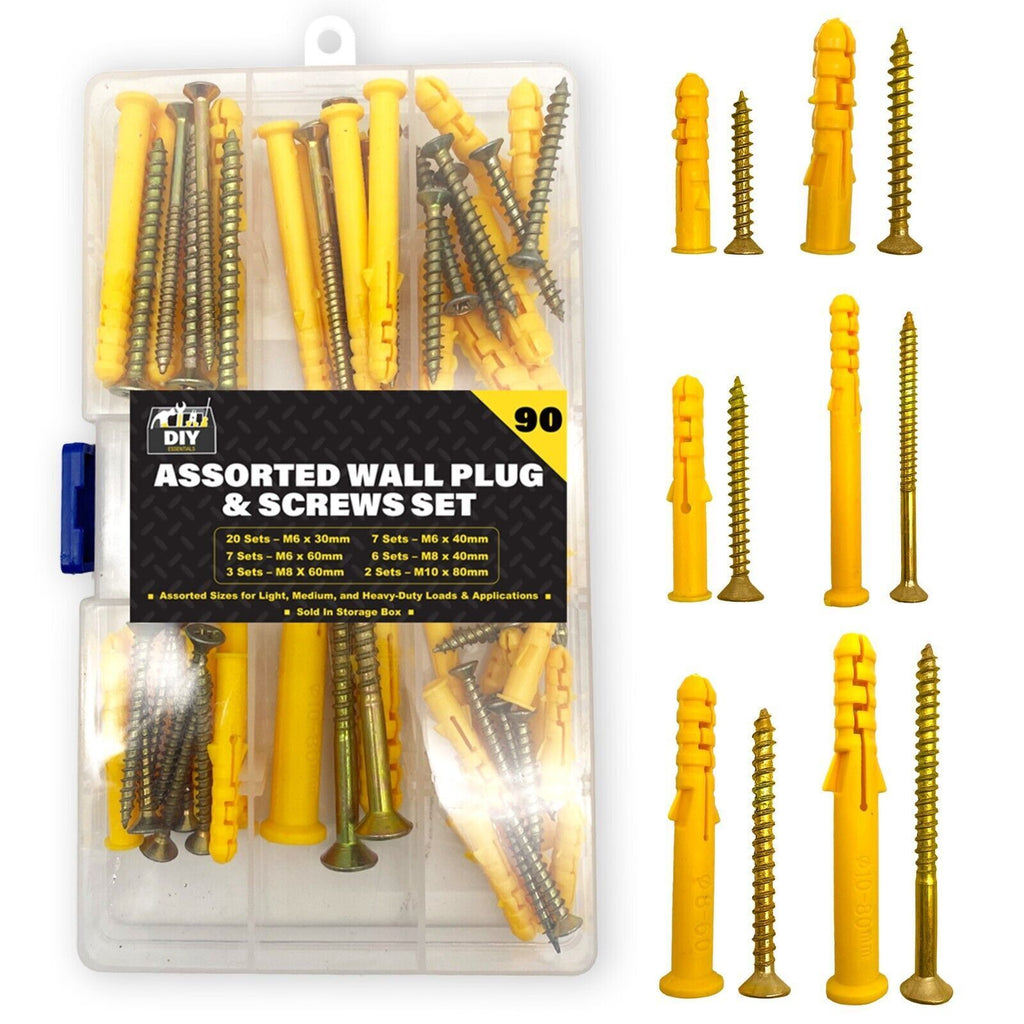Wall Plugs and Screws Set Assorted | Heavy Duty Rawl Plasterboard Fixing | 90 Pack