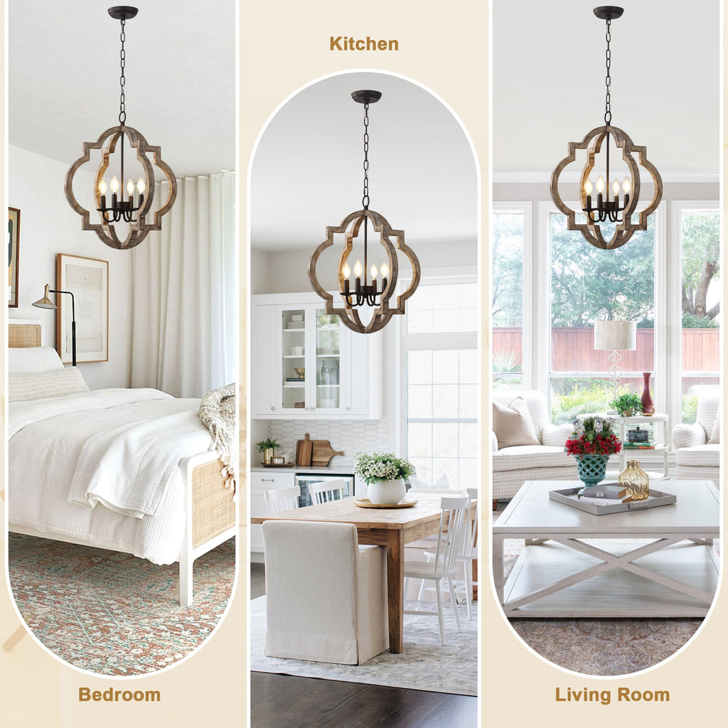 Vintage Farmhouse 22 Inch Chandelier Adjustable Height 4 Light Caged Chandelier Retro Handmade Wooden Pendant Light Suit for Living Rooms, Bedrooms, Kitchens