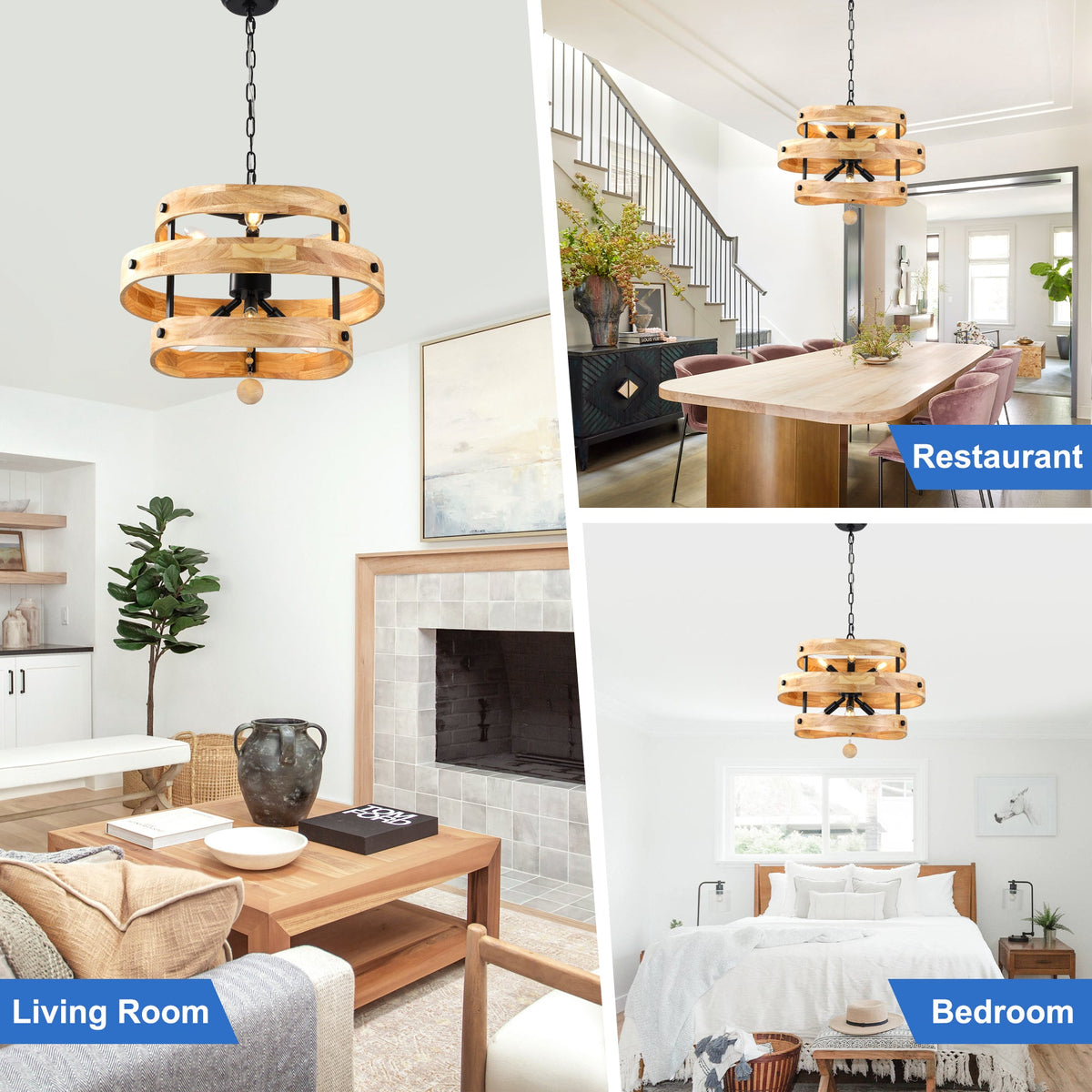6-Light Farmhouse Weathered Wood Chandelier, 20" 3-Tiered Wooden Chandelier, Rustic Pendant Light for Dining Room