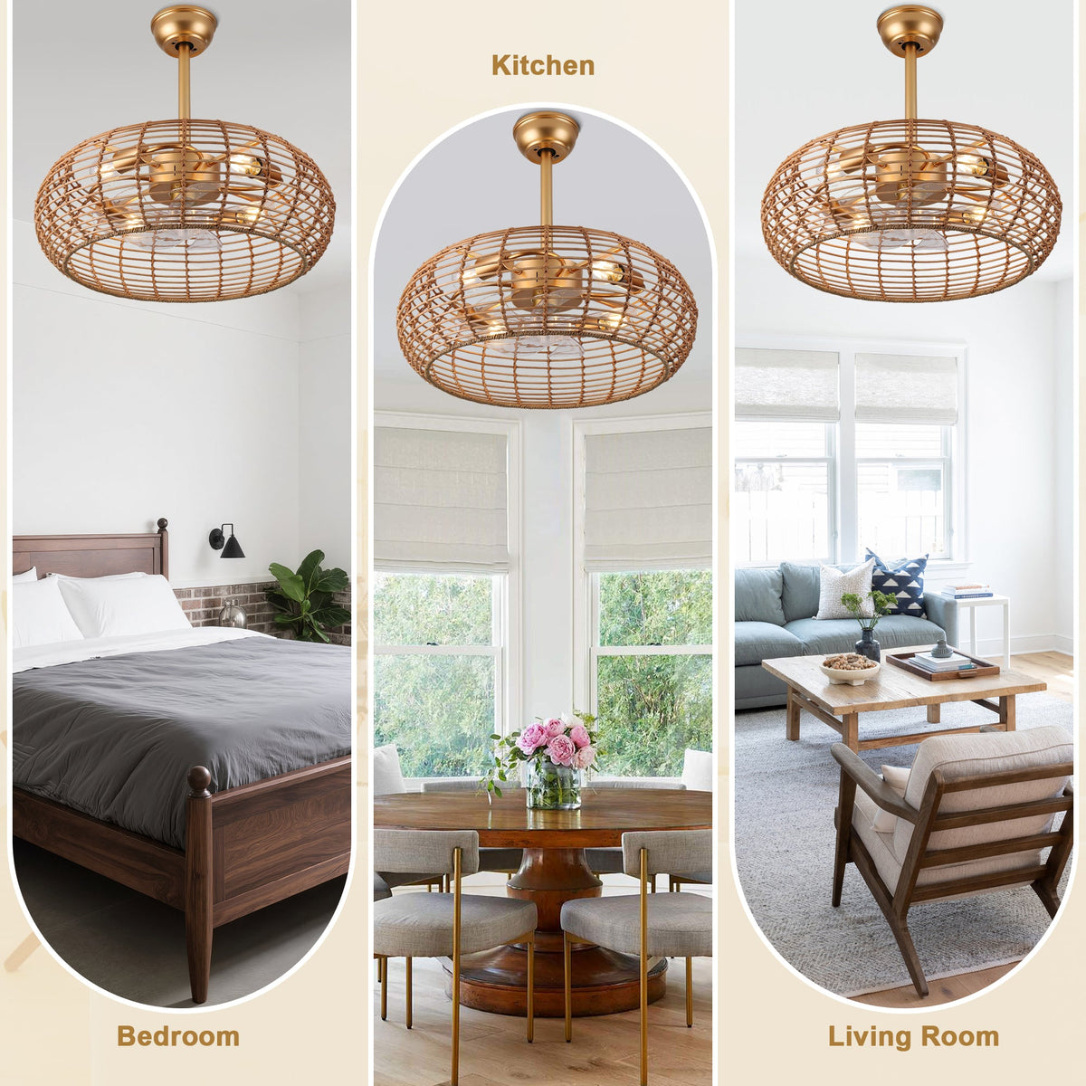Bohemian 20 Inch Retractable Ceiling Fan with Light Quiet DC Motor Reversible 6-Speed Ceiling Fan with Light Retro 4-Light Ceiling Fan Suit for Living Room, Bedroom, Kitchen