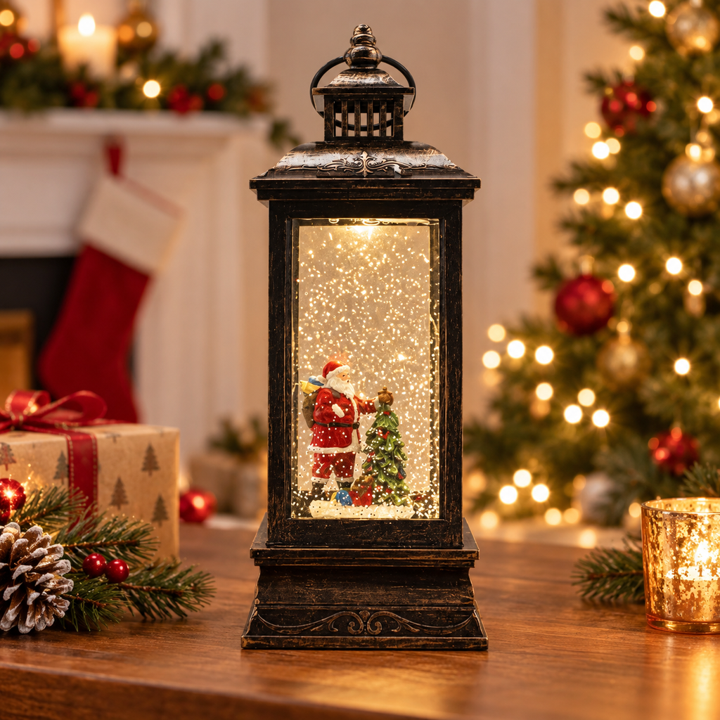 Christmas LED Lantern Snow Globe Santa Light Music 6H Timer USB Battery 27.5cm