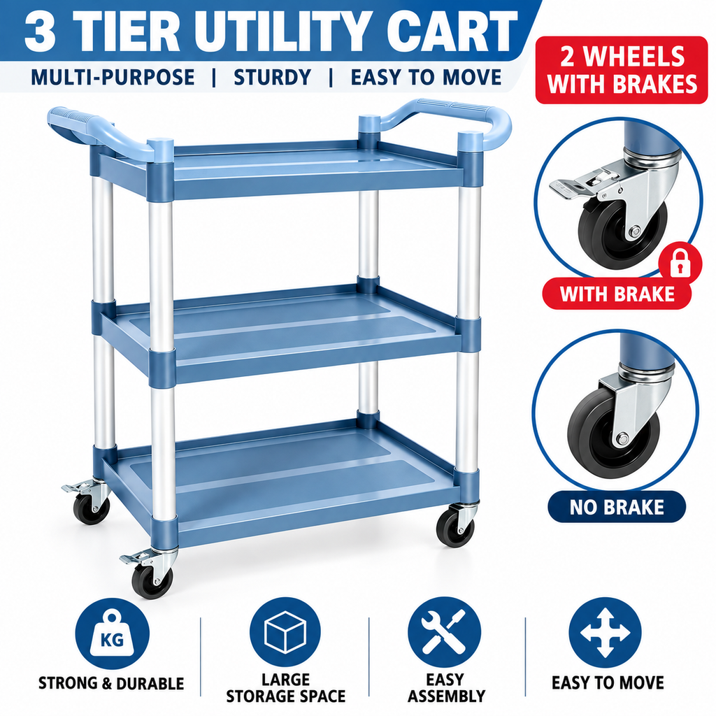 3 Tier Heavy Duty Utility Service Cart Trolley on Wheels Kitchen Office Grey Large