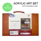 34PCS Acrylic Paints Art Set Kit Paint Tubes Brushes in Wooden Box Case Painting Artist