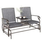 2 Seats Garden Glider Bench with Glass Top  Centre Table, Brown/ Grey
