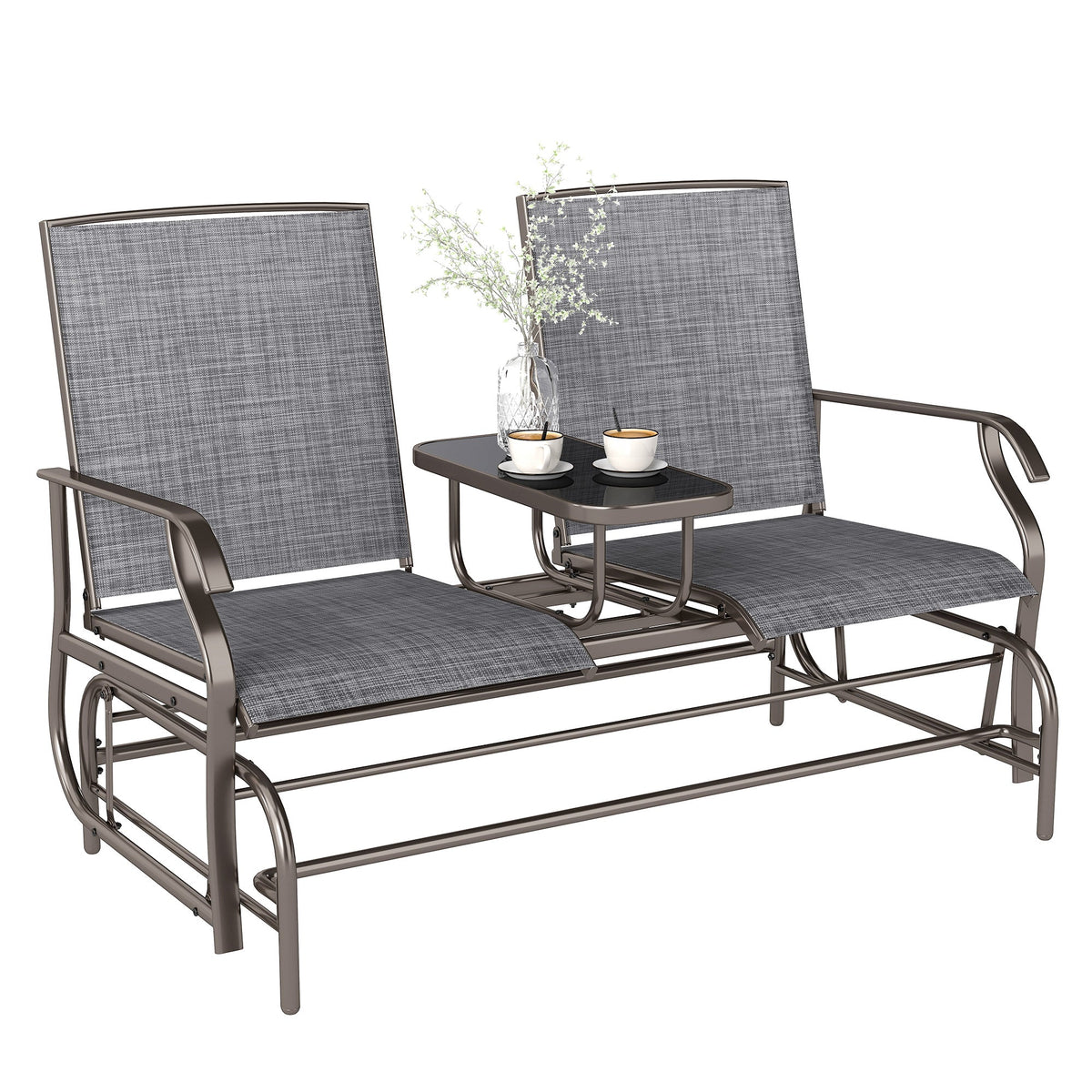 2 Seats Garden Glider Bench with Glass Top  Centre Table, Brown/ Grey