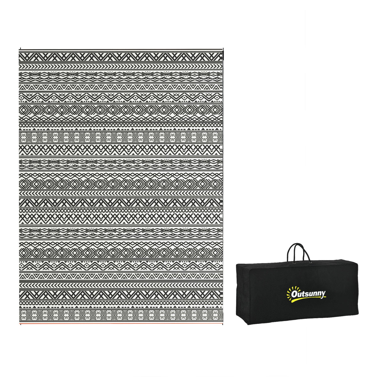 9' x 12' Reversible Mat w/ Carry Bag, Boho Waterproof RV Rug for Backyard, Grey & White