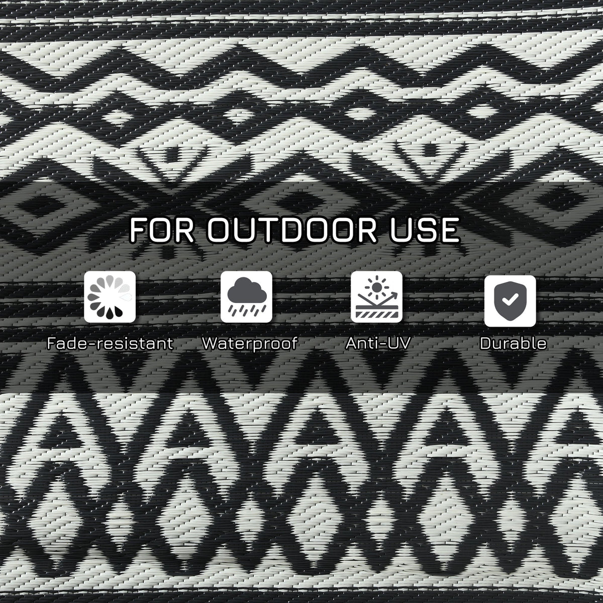 9' x 12' Reversible Mat w/ Carry Bag, Boho Waterproof RV Rug for Backyard, Grey & White