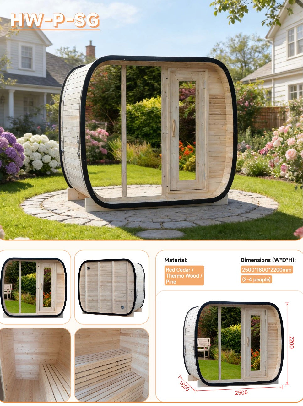 Outdoor Panoramic Pod Sauna with Full Glass Front — Red Cedar / Thermo Wood / Pine | 2-4 Person