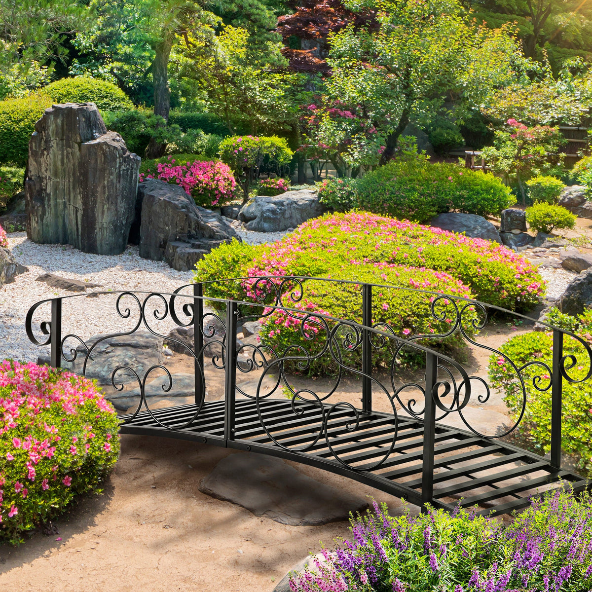 6' Metal Arch Garden Bridge with Safety Siderails, Black