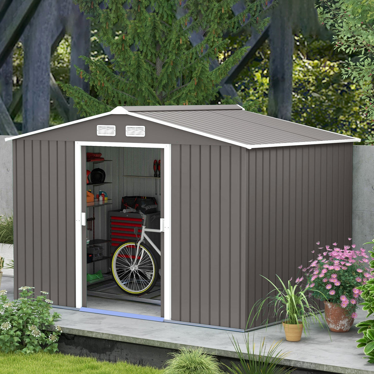 EverBase 9' x 6' Metal Garden Storage Shed with Foundation Kit & Double Doors, Grey