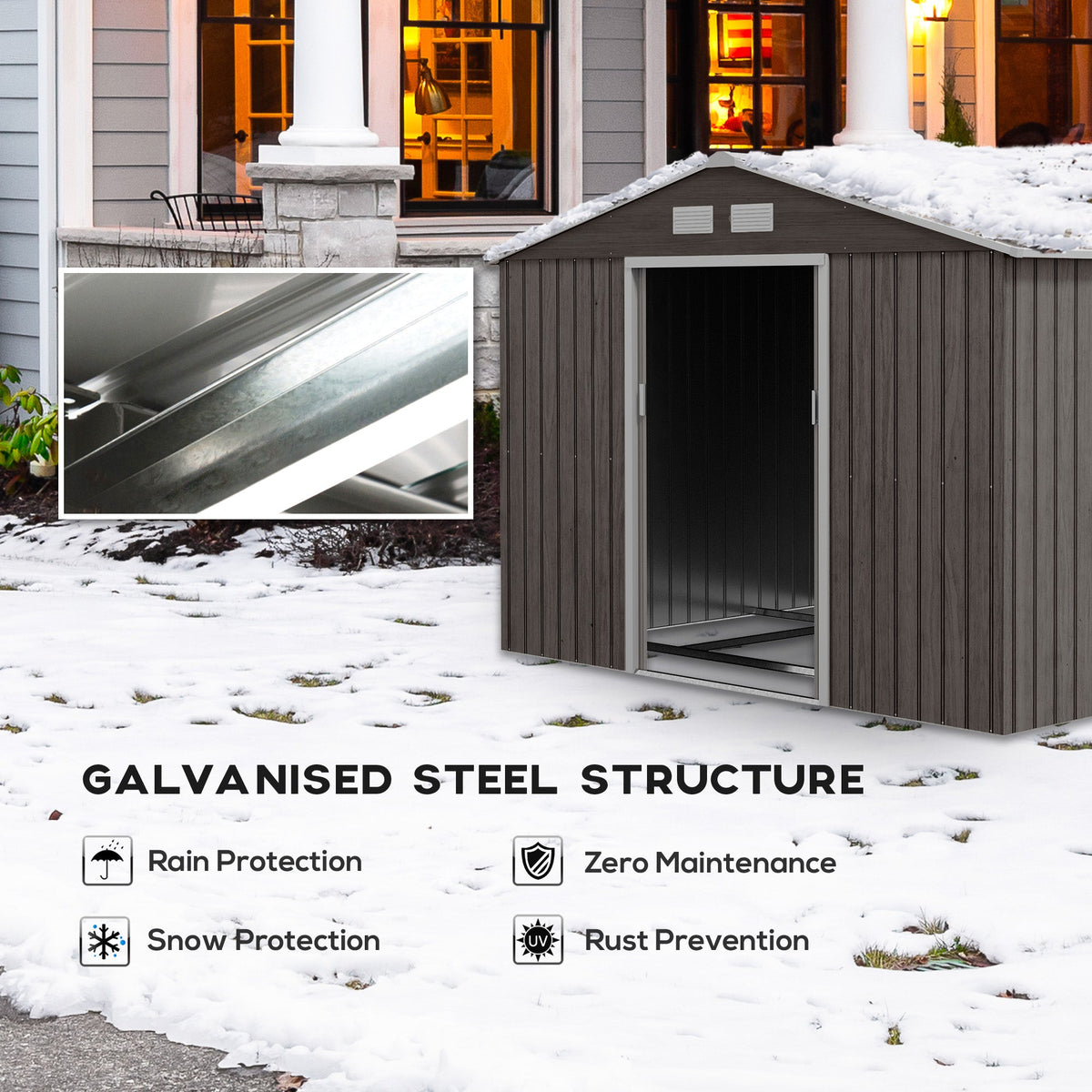 EverBase 9' x 6' Metal Garden Storage Shed with Foundation Kit & Double Doors, Grey