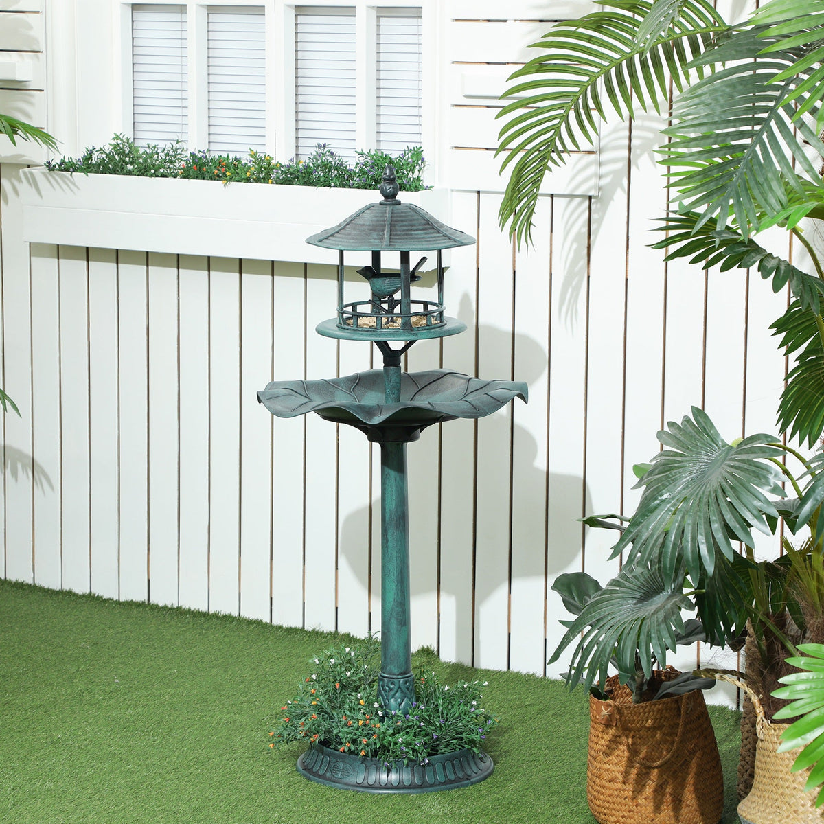 3-in-1 Garden Bird Bath Pedestal, Large Water Basin, Underneath Flower Planter, Green