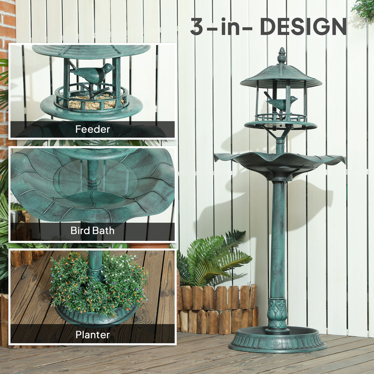 3-in-1 Garden Bird Bath Pedestal, Large Water Basin, Underneath Flower Planter, Green