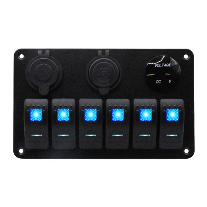 Exotronic 12/24V 6x LED Rocker, Voltmeter, Accessory/Cigarette, Dual USB Socket Marine Switch Panel