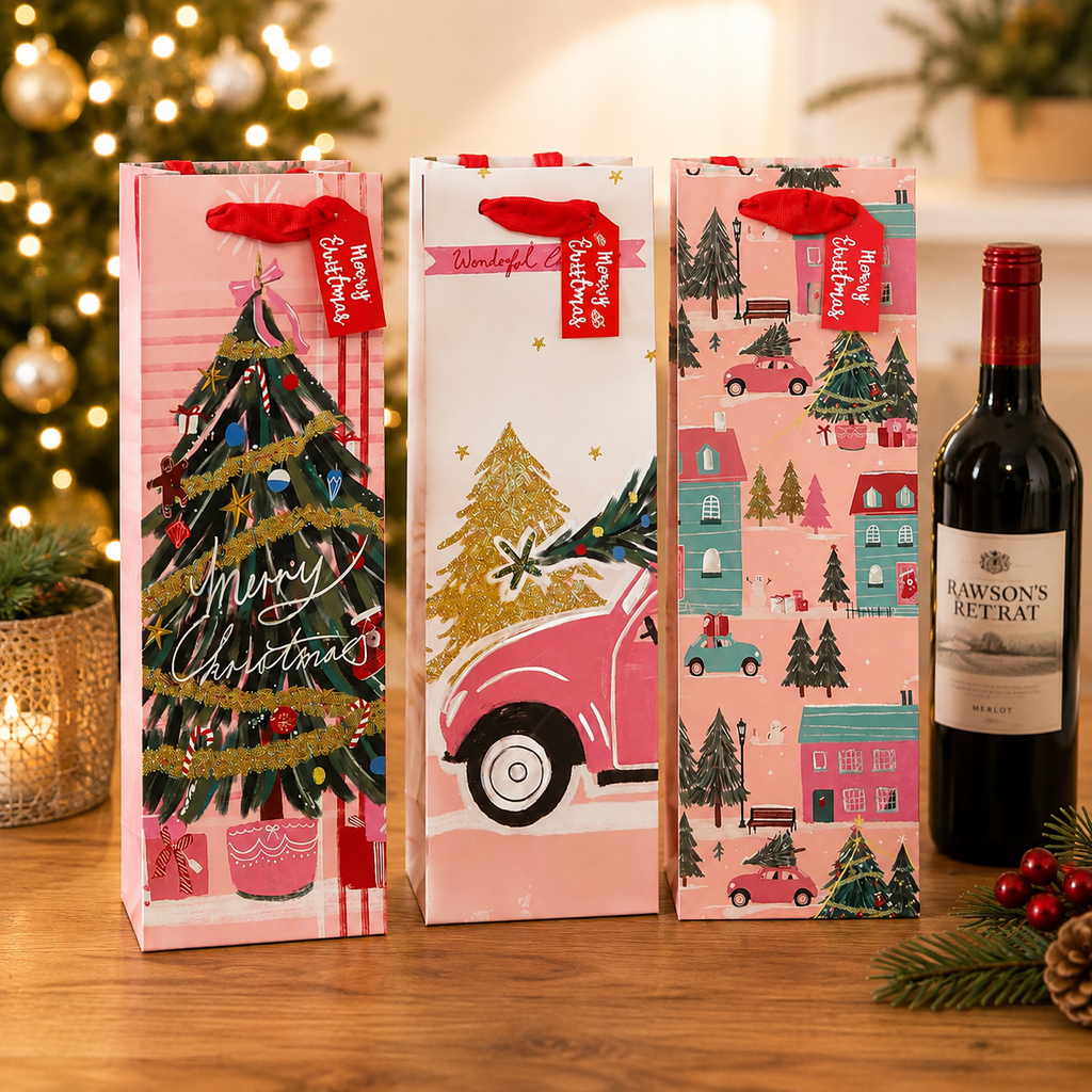 12PK Christmas Wine Bottle Gift Bags Xmas Present Packaging 12x35cm 4 Designs