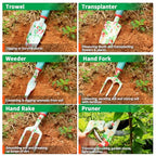 Garden Tools Set, JUMPHIGH 10 PCS Heavy Duty Gardening Tools Includes Hand Trowel Rake Weeder Pruner, Gardening Gifts for Women, Garden Kit with Tote Bag, Apron, Gloves, Kneeling Pad - color: Blue Green
