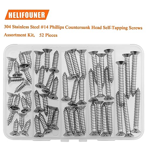 #14 x 3/4" 1" 1-1/4" 1-1/2" 2" Wood Screws Set, HELIFOUNER 52 Pieces Phillips Countersunk Head Self-Tapping Screws Assortment Kit, Phillips Flat Head Wood Screws, 304 Stainless Steel - size: #14