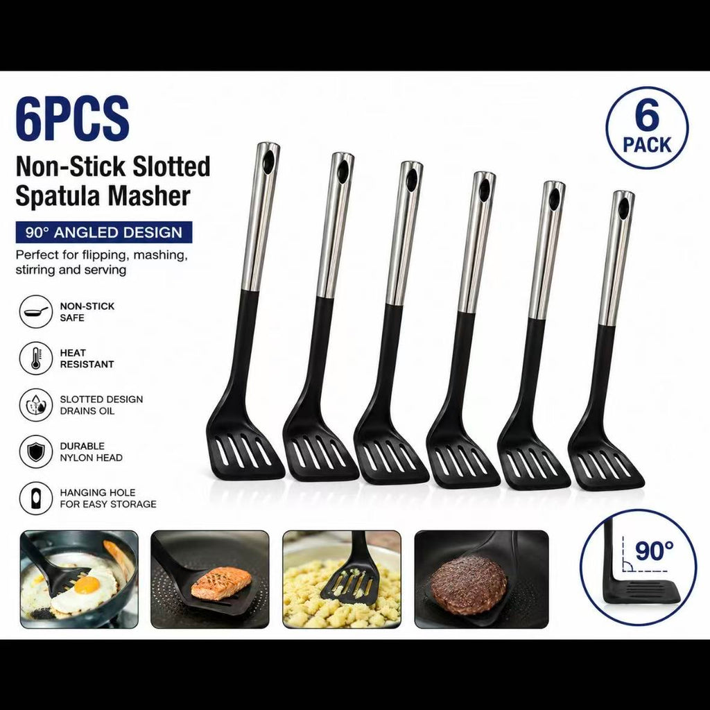 6PK Non Stick Slotted Spatula Masher 90 Degree Nylon Turner Kitchen Utensil